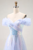 Light Blue Off The Shoulder Ruffled A-Line Prom Dress With Sequins