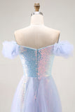 Light Blue Off The Shoulder Ruffled A-Line Prom Dress With Sequins
