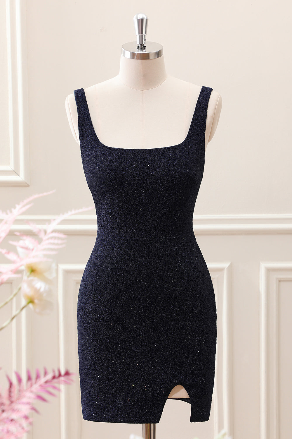 Berylove Women Sparkly Dark Blue Homecoming Dress With Slit Square Neck Bodycon Mini Cocktail Party Dress, Dark Blue / US12 Berylove Women Sparkly Dark Blue Homecoming Dress With Slit Square Neck Bodycon Mini Cocktail Party Dress, Dark Blue / US12