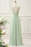 Dusty Sage A Line Spaghetti Straps Pleated Chiffon Maxi Dress