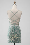 Grey Green Bodycon Lace-up Back Mini Dress with Sequin Appliqued