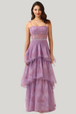 Purple Tulle Spaghetti Straps Corset Maxi Dress