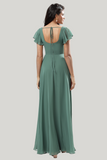 A-Line Eucalyptus Square Neck Ruffles Floor Length Dress with Slit