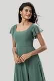 A-Line Eucalyptus Square Neck Ruffles Floor Length Dress with Slit