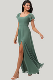 A-Line Eucalyptus Square Neck Ruffles Floor Length Dress with Slit