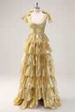Gloden Tiered Pleated A Line V Neck Prom Dress with Slit