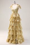Gloden Tiered Pleated A Line V Neck Prom Dress with Slit