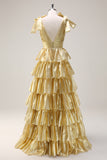 Gloden Tiered Pleated A Line V Neck Prom Dress with Slit