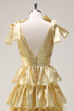 Gloden Tiered Pleated A Line V Neck Prom Dress with Slit