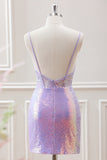 Glitter Lilac Sequins Pleated Corset Backless Bodycon Mini Dress
