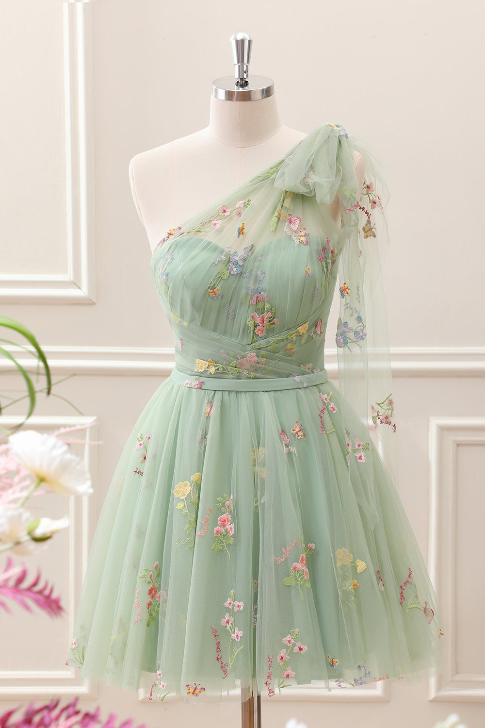 Berylove Women Cute Light Green One Shoulder Homecoming Dress A Line Tulle Floral Embroidery Mini Dress, Sky Blue / US2 Berylove Women Cute Light Green One Shoulder Homecoming Dress A Line Tulle Floral Embroidery Mini Dress, Sky Blue / US2