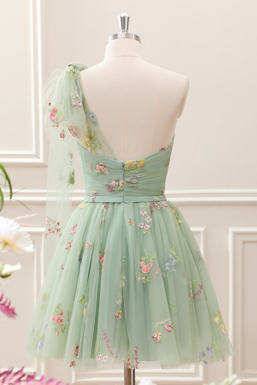 Berylove Women Cute Light Green One Shoulder Homecoming Dress A Line Tulle Floral Embroidery Mini Dress, Sky Blue / US2 Berylove Women Cute Light Green One Shoulder Homecoming Dress A Line Tulle Floral Embroidery Mini Dress, Sky Blue / US2