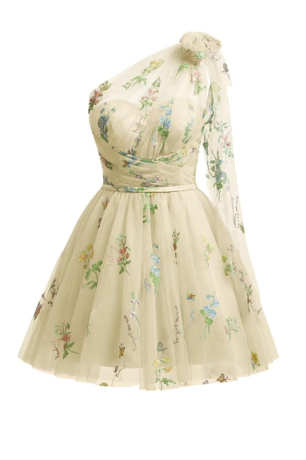 Berylove Women Cute Light Green One Shoulder Homecoming Dress A Line Tulle Floral Embroidery Mini Dress, Champagne / US12 Berylove Women Cute Light Green One Shoulder Homecoming Dress A Line Tulle Floral Embroidery Mini Dress, Champagne / US12