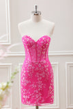 Fuchsia Corset Sequins Sweetheart Floral Appliques Mini Dress with Lace-up Back