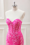 Fuchsia Corset Sequins Sweetheart Floral Appliques Mini Dress with Lace-up Back