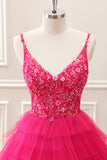 Fuchsia A Line Spaghetti Straps Corset Tiered Tulle Sequined Mini Dress