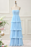 A Line Strapless Sky Blue Sweetheart Maxi Dress with Pleated