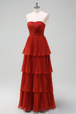 A Line Strapless Sky Blue Sweetheart Maxi Dress with Pleated