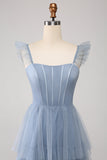 Dusty Blue A Line Tiered Tulle Corset Maxi Dress with Slit