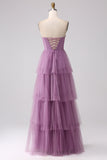 Dusty Blue A Line Tiered Tulle Corset Maxi Dress with Slit