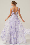 Lilac Corset Floral A Line Maxi Dress with Lace Up Back