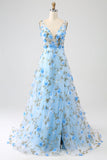 Light Blue Floral A-Line V-Neck Appliqued Prom Dress With Slit