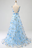 Light Blue Floral A-Line V-Neck Appliqued Prom Dress With Slit