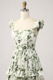 Green A Line Floral Ruffles Tiered Maxi Dress with Slit