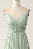 A-Line Dusty Sage Chiffon Spaghetti Straps Maxi Dress with Slit