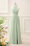 A Line Halter Chiffon Sage Green Pleated Maxi Dress with Slit