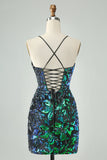 Sparkly Fuchsia Bodycon Spaghetti Straps Sequins Mini Dress