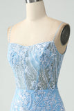 Sparkly Sky Blue Spaghetti Straps Beaded Mini Dress