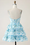 A-Line Spaghetti Straps Tiered Blue Floral Mini Dress