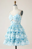 A-Line Spaghetti Straps Tiered Blue Floral Mini Dress