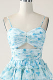 A-Line Spaghetti Straps Tiered Blue Floral Mini Dress
