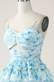 A-Line Spaghetti Straps Tiered Blue Floral Mini Dress