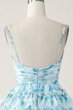 A-Line Spaghetti Straps Tiered Blue Floral Mini Dress