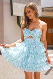 A-Line Spaghetti Straps Tiered Blue Floral Mini Dress