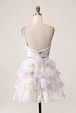 Lavender Flower A-Line Spaghetti Straps Tiered Pleated Mini Dress