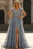 Grey Blue Plus Size A Line V Neck Sequin Prom Dress