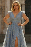 Grey Blue Plus Size A Line V Neck Sequin Prom Dress