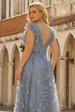 Grey Blue Plus Size A Line V Neck Sequin Prom Dress