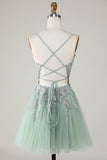 Stylish A Line Spaghetti Straps Green Mini Dress with Appliques