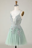 Stylish A Line Spaghetti Straps Green Mini Dress with Appliques