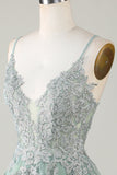 Stylish A Line Spaghetti Straps Green Mini Dress with Appliques