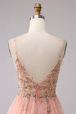 Blush A Line Tulle Spaghetti Straps Appliques Maxi Dress with Slit