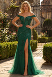 Dark Green Off the Shoulder Mermaid Appliqued Prom Dress