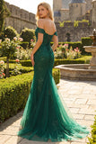 Dark Green Off the Shoulder Mermaid Appliqued Prom Dress