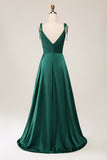 Simple Dark Green Spaghetti Straps Ruched Maxi Dress with Slit
