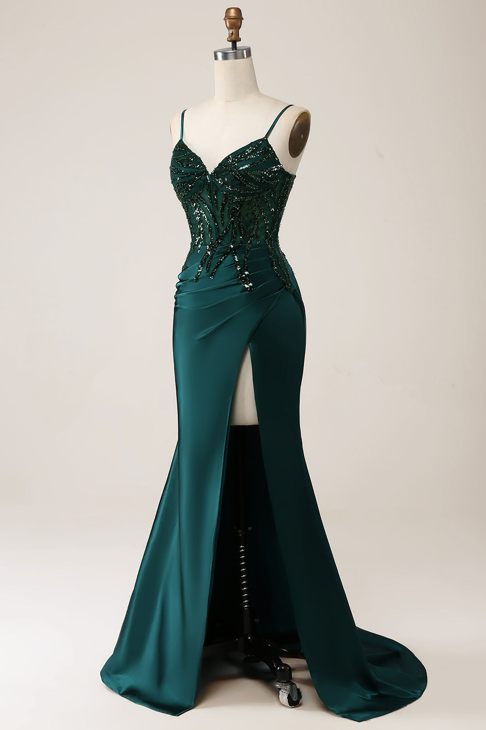 Berylove Women Wedding Guest Dress Sparkly Dark Green Mermaid Sequin Pleated Corset Prom Dress with Slit, Dark Green / US6 Berylove Women Wedding Guest Dress Sparkly Dark Green Mermaid Sequin Pleated Corset Prom Dress with Slit, Dark Green / US6